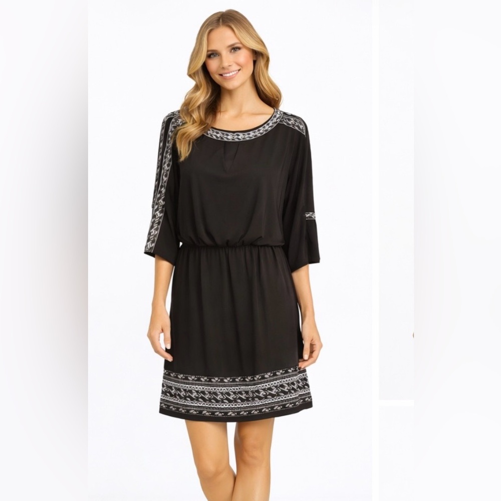 EUC White House Black‎ Market Size Small Black Dress with Embroidery Accents